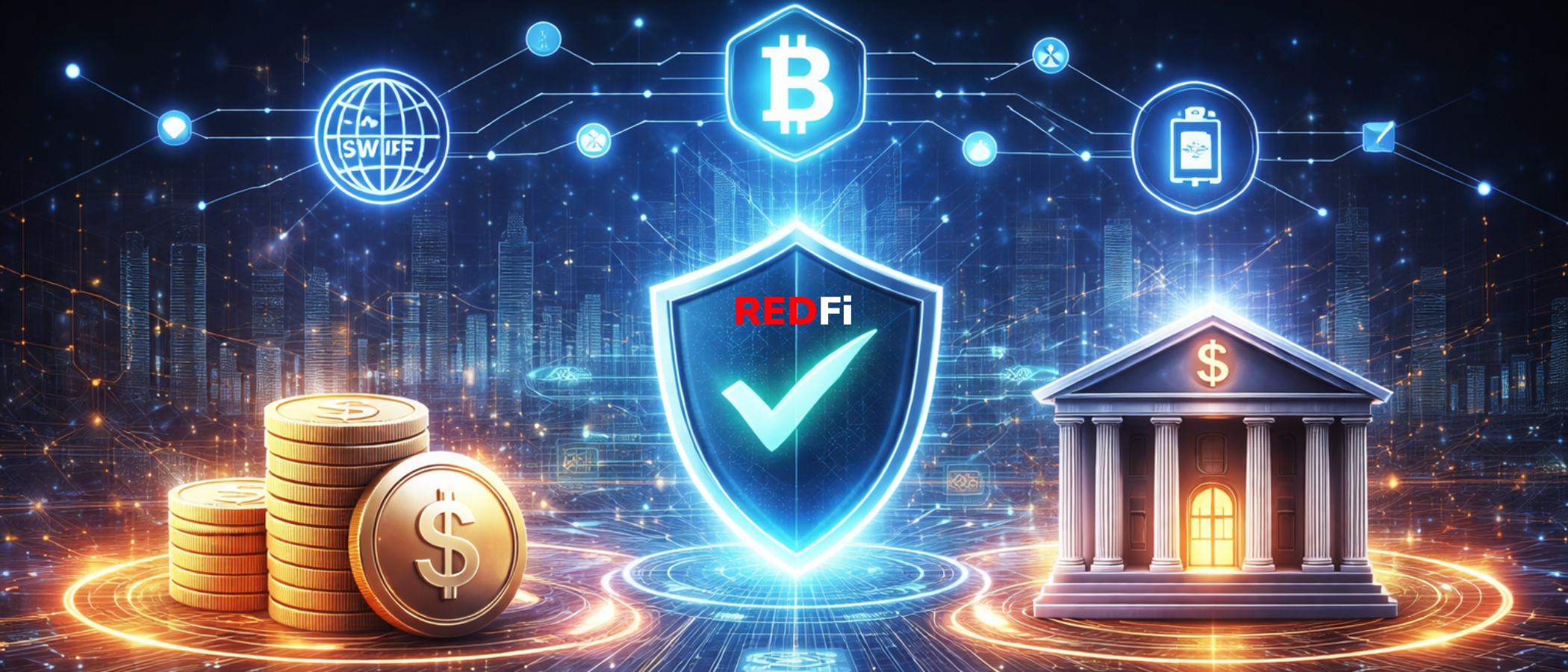 Modern payment infrastructure showing integration between stablecoins, traditional banking, and compliance systems